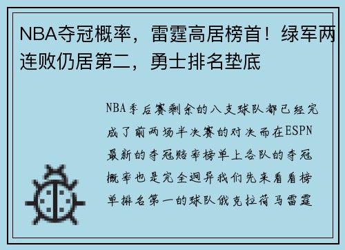 NBA夺冠概率，雷霆高居榜首！绿军两连败仍居第二，勇士排名垫底